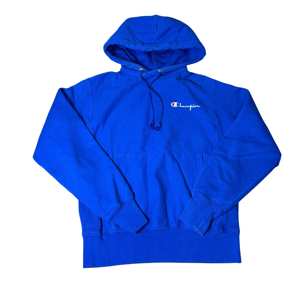Champion Reverse Weave Hoodie Royal Blue Small Pullover Sweatshirt Script Logo